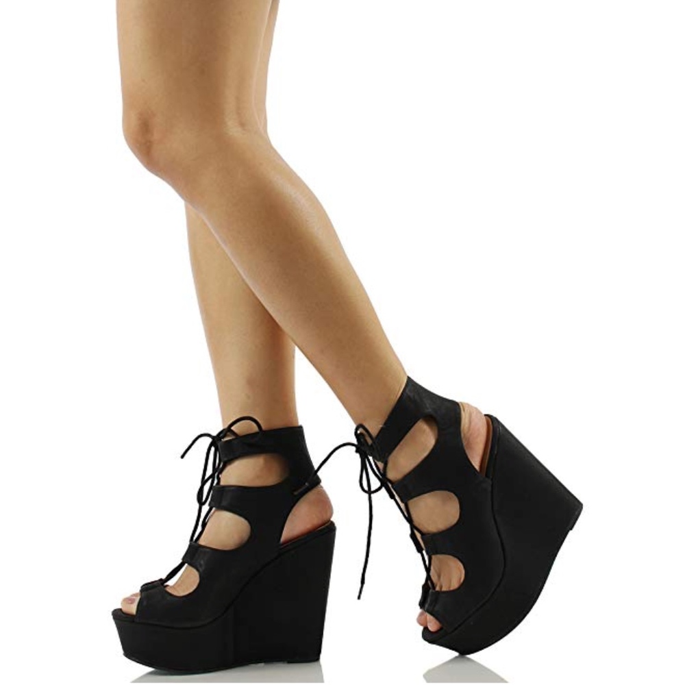 Black Faux Leather Open Toe Lace Up Platform Wedge - Picture 7 of 7